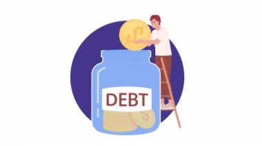 Animated paying down debt. 4K video footage. Return money strategy. Making payments. Concept animation. Looped 2D cartoon flat character on white with alpha channel transparency for web design