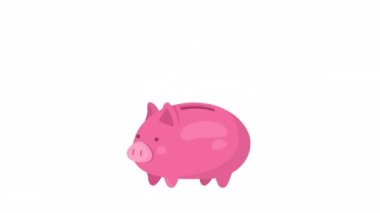 Animated putting coin in piggy bank. Deposit process. Savings account. Flat cartoon style element 4K video footage. Color illustration on white background with alpha channel transparency for animation