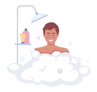 Pleased man enjoying shower with soap foam semi flat color vector character. Editable figure. Half body person on white. Simple cartoon style illustration for web graphic design and animation