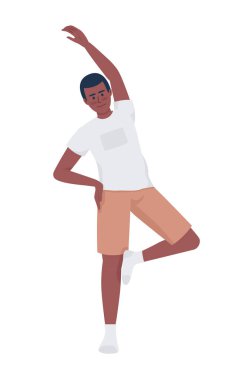 Young man stretching arm and standing on one leg semi flat color vector character. Editable figure. Full body person on white. Simple cartoon style illustration for web graphic design and animation