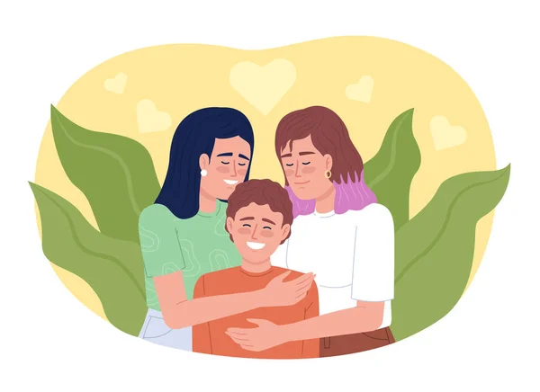 向孩子展示家庭之爱2D向量孤立的例证 母亲们在卡通片背景上拥抱着微笑的儿子 演示的色彩丰富的可编辑场景 — 图库矢量图片