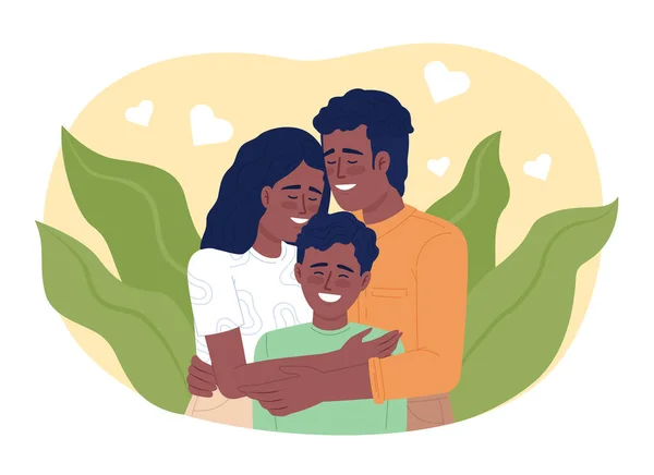 父母与儿童2D向量的联系是一个孤立的例子 快乐的爸爸妈妈在卡通背景下拥抱儿子平平的角色 演示的色彩丰富的可编辑场景 — 图库矢量图片