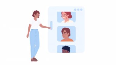 Animated woman scrolling feed. Finding clients in social media. Customers list. 2D cartoon flat character 4K video footage on white with alpha channel transparency. Concept animation for web design