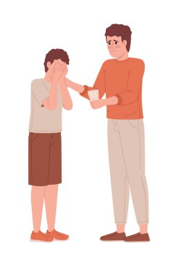 Worried father comforting son with glass of water semi flat color vector characters. Editable figures. Full body people on white. Simple cartoon style illustration for web graphic design and animation