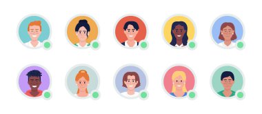 Smiling female and male flat vector avatar icons with green dots bundle. Editable default personas for UX, UI design. Colorful profile pictures collection for website, mobile, messaging app