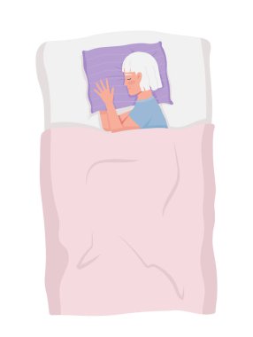 Elderly woman lying on bed comfortably semi flat color vector character. Editable figure. Full body person on white. Simple cartoon style illustration for web graphic design and animation