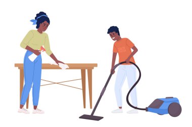 Mother and son cleaning house semi flat color vector characters. Domestic chores. Editable figures. Full body people on white. Simple cartoon style illustration for web graphic design and animation