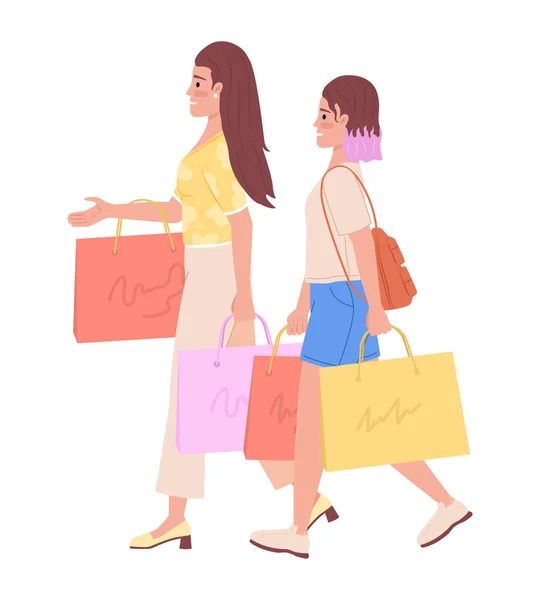 Moderne Mutter Und Tochter Kaufen Kleidung Zusammen Halb Flache Farbvektorcharaktere — Stockvektor
