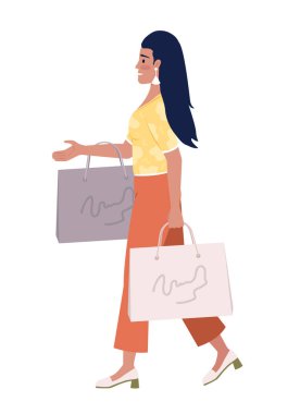Excited stylish lady with shopping packages semi flat color vector character. Editable figure. Full body person on white. Simple cartoon style illustration for web graphic design and animation