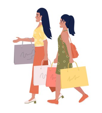 Happy mom and daughter with shopping bags semi flat color vector characters. Editable figures. Full body people on white. Simple cartoon style illustration for web graphic design and animation
