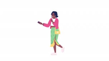 Animated cute girl posing for selfie. Young woman taking self picture on phone. Flat character animation on white background with alpha channel transparency. Color cartoon style 4K video footage