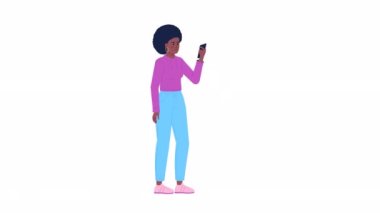 Animated woman checking phone. Scrolling smartphone constantly. Nomophobia. Flat character animation on white background with alpha channel transparency. Color cartoon style 4K video footage