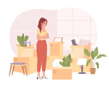 Decluttering and organizing boxes before moving 2D vector isolated spot illustration. Smiling woman flat character on cartoon background. Colorful editable scene for mobile, website, magazine