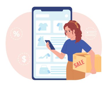 Selling unwanted clothes online flat concept vector spot illustration. Editable 2D cartoon character on white for web design. Second hand creative idea for website, mobile, magazine. Oswald font used