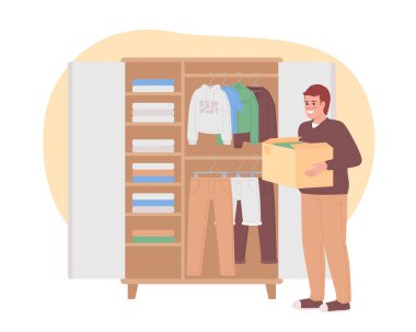 Decluttering wardrobe clothes challenge 2D vector isolated spot illustration. Happy man with box near closet flat character on cartoon background. Colorful editable scene for mobile, website, magazine