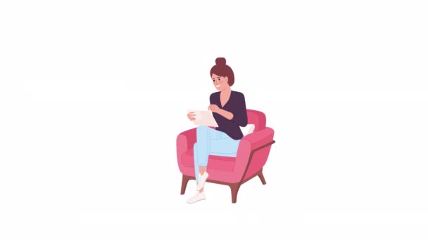 アニメの女の子はタブレットをスクロールします 腕章に座っているパンの髪型をした若い女性 アルファチャンネル透過性を持つ白い背景にフラットキャラクターアニメーション カラー漫画スタイル4Kビデオ映像 — ストック動画