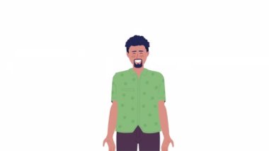 Animated man greeting with open arms. Pleased bearded guy. Welcoming gesture. Flat character animation on white background with alpha channel transparency. Color cartoon style 4K video footage