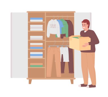 Man with box near open bedroom closet semi flat color vector character. Editable figure. Full body person on white. Simple cartoon style spot illustration for web graphic design and animation