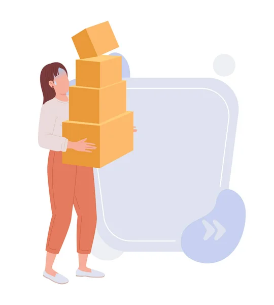 Frightened Woman Holding Large Pile Cardboard Boxes Quote Textbox Flat — Stok Vektör