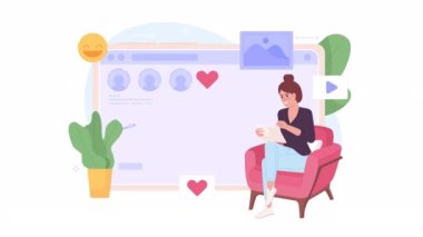 Animated social marketing analytics. Girl gathering data from social media account 2D cartoon flat character 4K video footage on white with alpha channel transparency. Concept animation for web design