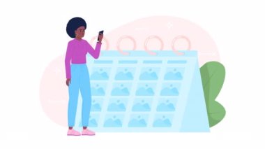 Animasyon tutarlılığı. Blogcu içeriği düzenli olarak paylaşıyor. 2D çizgi film düz karakter 4K video görüntüsü alfa kanal şeffaflığı ile beyaz üzerine. Web tasarımı için konsept animasyonu