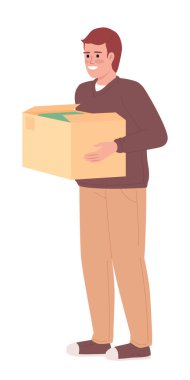 Smiling man with clothes in cardboard box semi flat color vector character. Editable figure. Full body person on white. Simple cartoon style spot illustration for web graphic design and animation