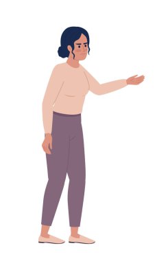 Displeased woman stretching arm in disagree semi flat color vector character. Editable figure. Full body person on white. Simple cartoon style spot illustration for web graphic design and animation