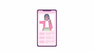 Telefonda canlandırılmış kişisel profil. Profesyonel online varlık oluşturuluyor. Beyaz arkaplanda alfa kanal şeffaflığı olan düz cihaz ekran animasyonu. Renkli çizgi film stili 4K video görüntüleri