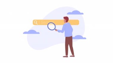Animated search engine. Internet user. Looking for information online. 2D cartoon flat character 4K video footage on white with alpha channel transparency. Concept animation for web design