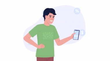 Animated online shopping. Paying for clothes with discounts over internet. 2D cartoon flat character 4K video footage on white with alpha channel transparency. Concept animation for web design