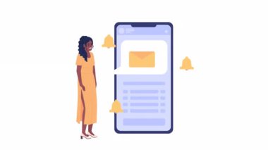 Animated virtual mailbox. Feeling of happiness from getting new text message. 2D cartoon flat character 4K video footage on white with alpha channel transparency. Concept animation for web design