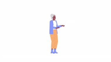 Animated excited granny. Thrilled elderly woman touching face with hands. Flat character animation on white background with alpha channel transparency. Color cartoon style 4K video footage