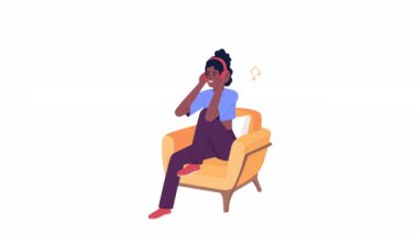 Animated listening to podcast. Enjoying streaming music. Happy millennial 2D cartoon flat character 4K video footage on white with alpha channel transparency. Concept animation for web design