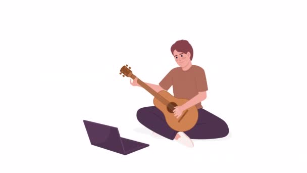 Animated Teaching Guitar Online Man Instrument Sitting Front Laptop Flat — Stockvideo
