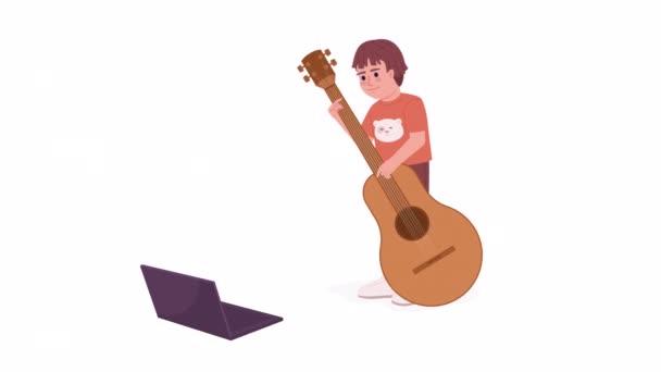 기타와 노트북을 애니메이션 아이들의 온라인 투명성을 배경의 캐릭터 애니메이션 스타일 — 비디오