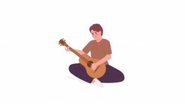 Animasyon, gitar çalan memnun adam. Kendi kendine müzik aleti dersi. Beyaz arkaplanda alfa kanal şeffaflığıyla düz karakter animasyonu. Renkli çizgi film stili 4K video görüntüleri