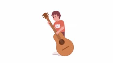 Gitarlı animasyon küçük çocuk. Akustik enstrüman çalan sevimli erkek çocuk. Beyaz arkaplanda alfa kanal şeffaflığıyla düz karakter animasyonu. Renkli çizgi film stili 4K video görüntüleri