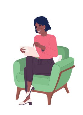 Happy lady with tablet sitting in armchair semi flat color vector character. Editable figure. Full body person on white. Simple cartoon style spot illustration for web graphic design and animation