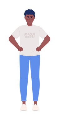 Positive young man holding hands on hips semi flat color vector character. Editable figure. Full body person on white. Simple cartoon style spot illustration for web graphic design and animation