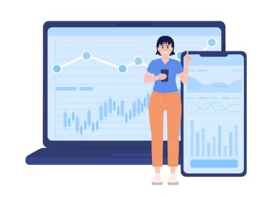 Online trader using laptop, smartphone app for investment flat concept vector spot illustration. Editable 2D cartoon character on white for web design. Creative idea for website, mobile, magazine