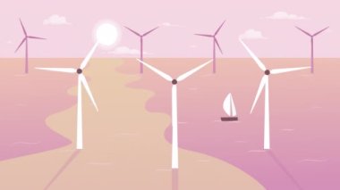 Animated windmills lo fi background. Sustainable wind turbines. 2D cartoon seascape animation with sun and pastel pink sky on background. 4K video footage with alpha channel for lofi music aesthetic