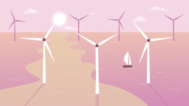 Animated Windmills Background Sustainable Wind Turbines Cartoon Seascape Animation Sun — стоковое видео