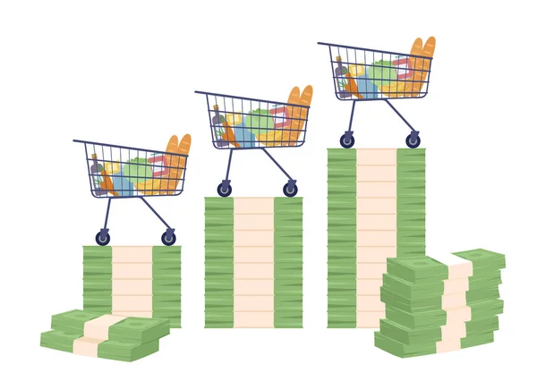 Shopping Carts Standing Banknotes Stack Flat Concept Vector Spot Illustration — Stock Vector