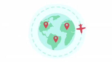 Canlandırılmış küresel havayolu yükleyicisi. Dünya çapında uçuş. 4K video görüntüsü. Web tasarımı, sosyal medya için alfa kanal şeffaflığı ile renk izole yükleme bekleme süreci göstergesi