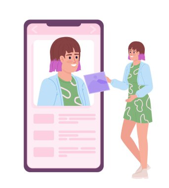 Building social media presence flat concept vector spot illustration. Editable 2D cartoon character on white for web design. Influencer with mobile phone creative idea for website, mobile, magazine