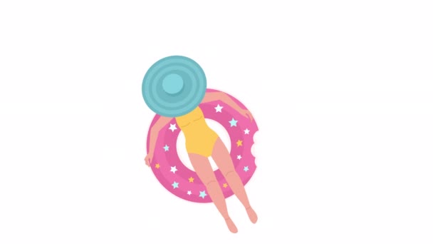 Animierte Dame Auf Aufblasbarem Donut Sonnenbaden Schwimmbad Urlaub Flache Charakteranimation — Stockvideo