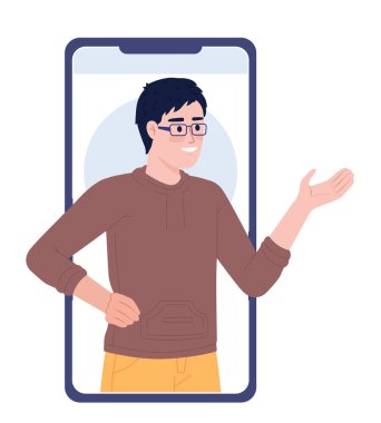 Cep telefonunun düz konsept konsept nokta illüstrasyonunda kişisel sanal asistanım. Web tasarımı için düzenlenebilir 2D çizgi film karakteri. Web sitesi, cep telefonu ve dergi için destek hizmeti yaratıcı fikri