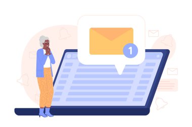 Laptop düz konsept konsept nokta illüstrasyonundan e-posta alıyorum. Web tasarımı için düzenlenebilir 2D çizgi film karakteri. İnternet sitesi, cep telefonu ve dergi için e-posta hesabı yaratıcı fikri kullanan yaşlı bir vatandaş