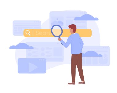 Arama motorlarını etkin bir şekilde düz konsept vektör nokta illüstrasyonu kullanarak. Web tasarımı için düzenlenebilir 2D çizgi film karakteri. İnternet sitesi, cep telefonu ve dergi için yaratıcı bir fikir. Kullanılan bataklık yazı tipi