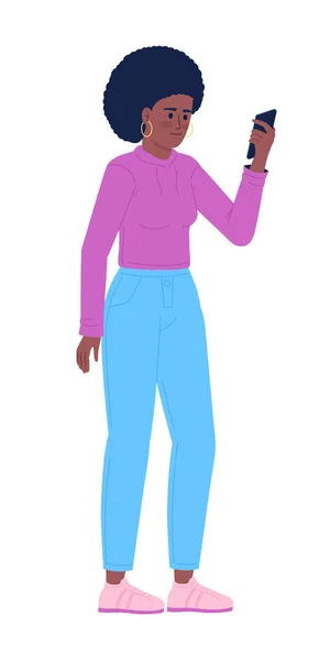 Femme Vêtements Sport Tenant Smartphone Semi Plat Couleur Vecteur Caractère — Image vectorielle